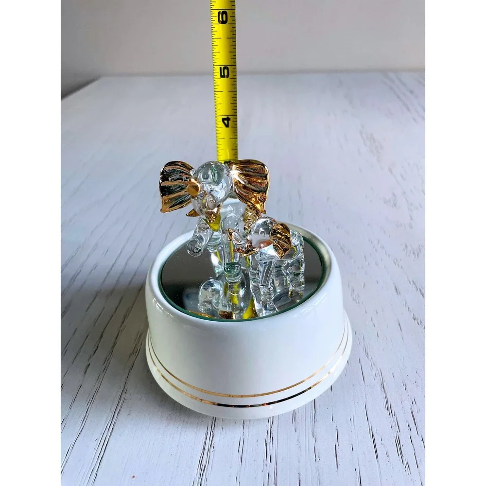Vintage Glass Elephant Family Music Box White Gold Tone Mirror Base Plays Tune
